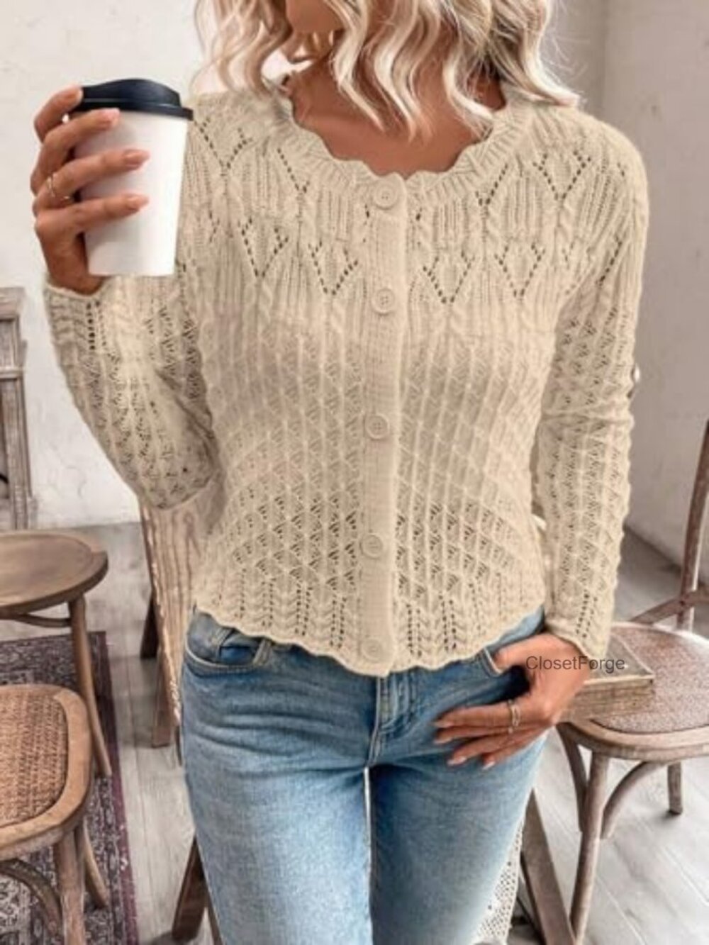 Women's Cropped Cardigan Sweater Long Sleeve Button Front Knit Top - Picture 5 of 5